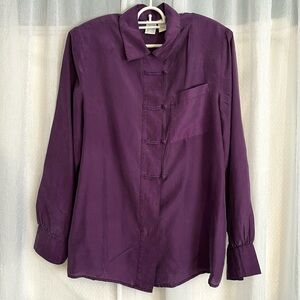 Cleo 100% Silk Women Purple Petite BLOUSE with Padded Sleeves removable Size 8